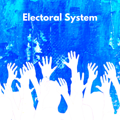 Blue background with hands raised as if voting