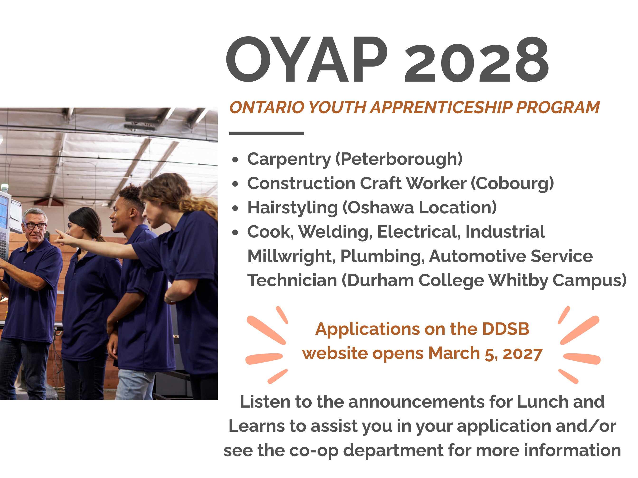 Available OYAP programs in 2028 People standing in a factory with information about the available OYAP courses