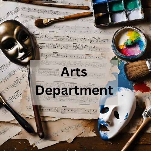 Music pages, clarinet, drama masks and paint brushes