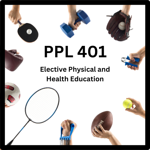a circle of hands holding various fitness equipment like ping pong paddles, baseball gloves, hand weights, etc.