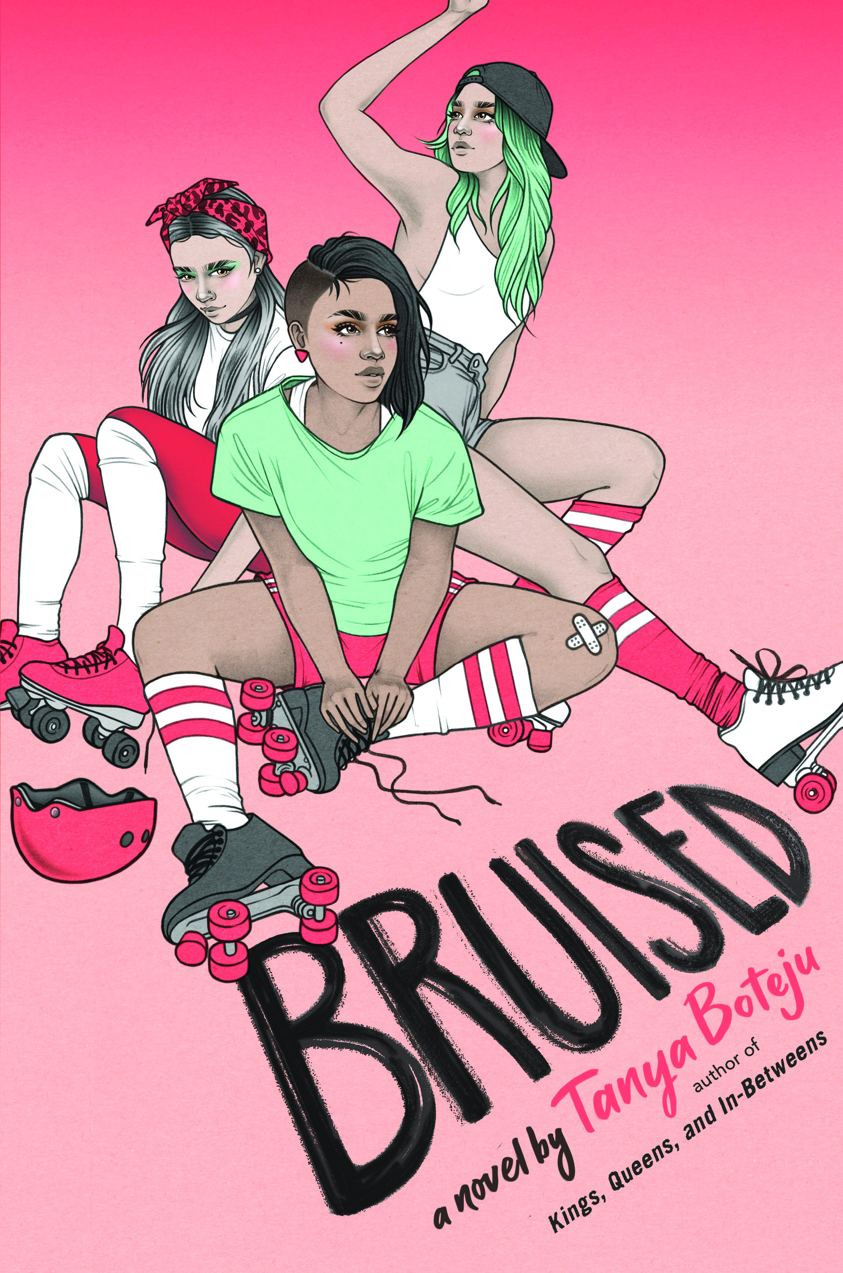 Book Cover for Bruised with three women with roller derby equipment on