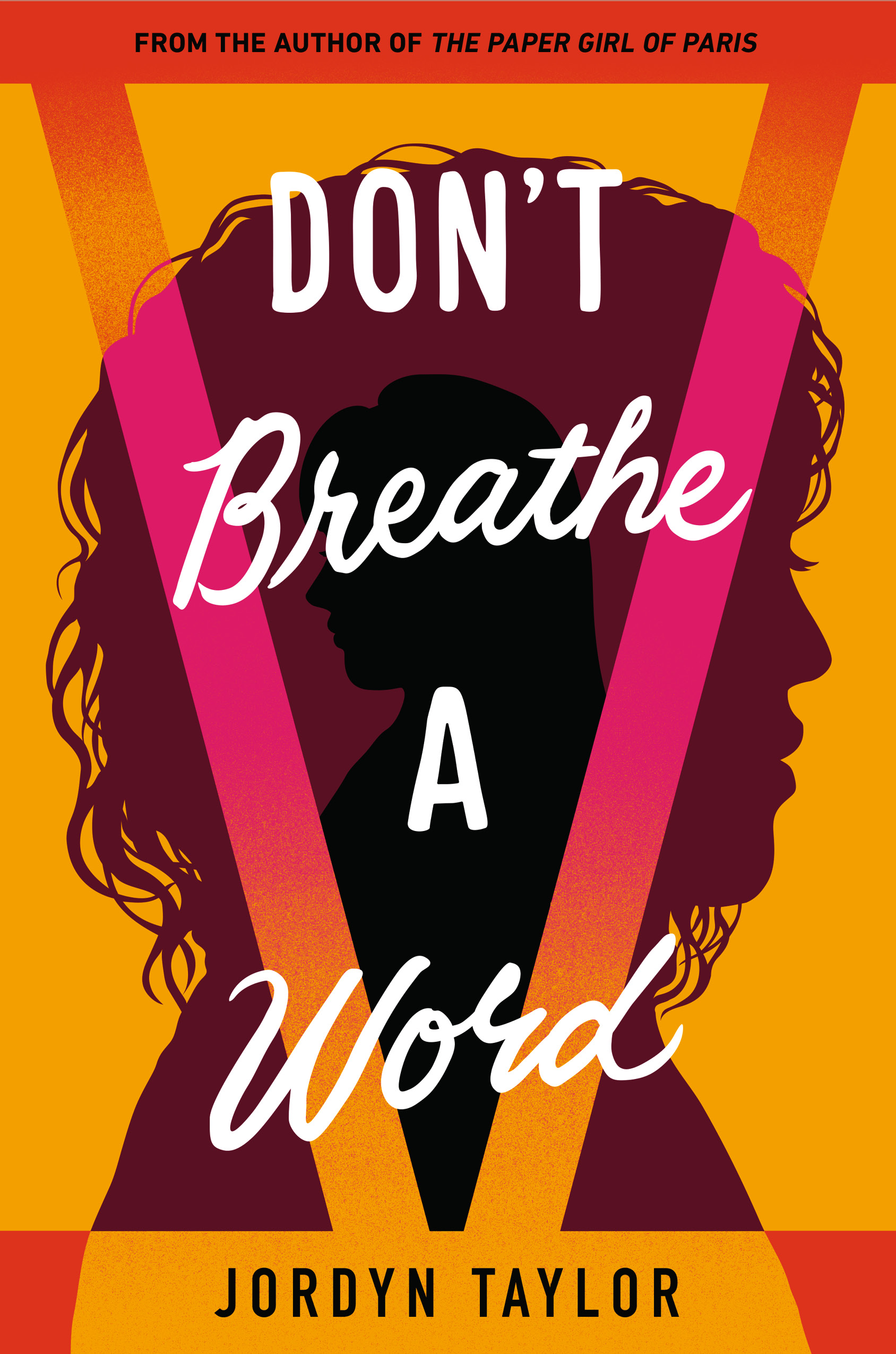 Book Cover for Don't Breath a Word with a silhouette of a person with their finger to their lips