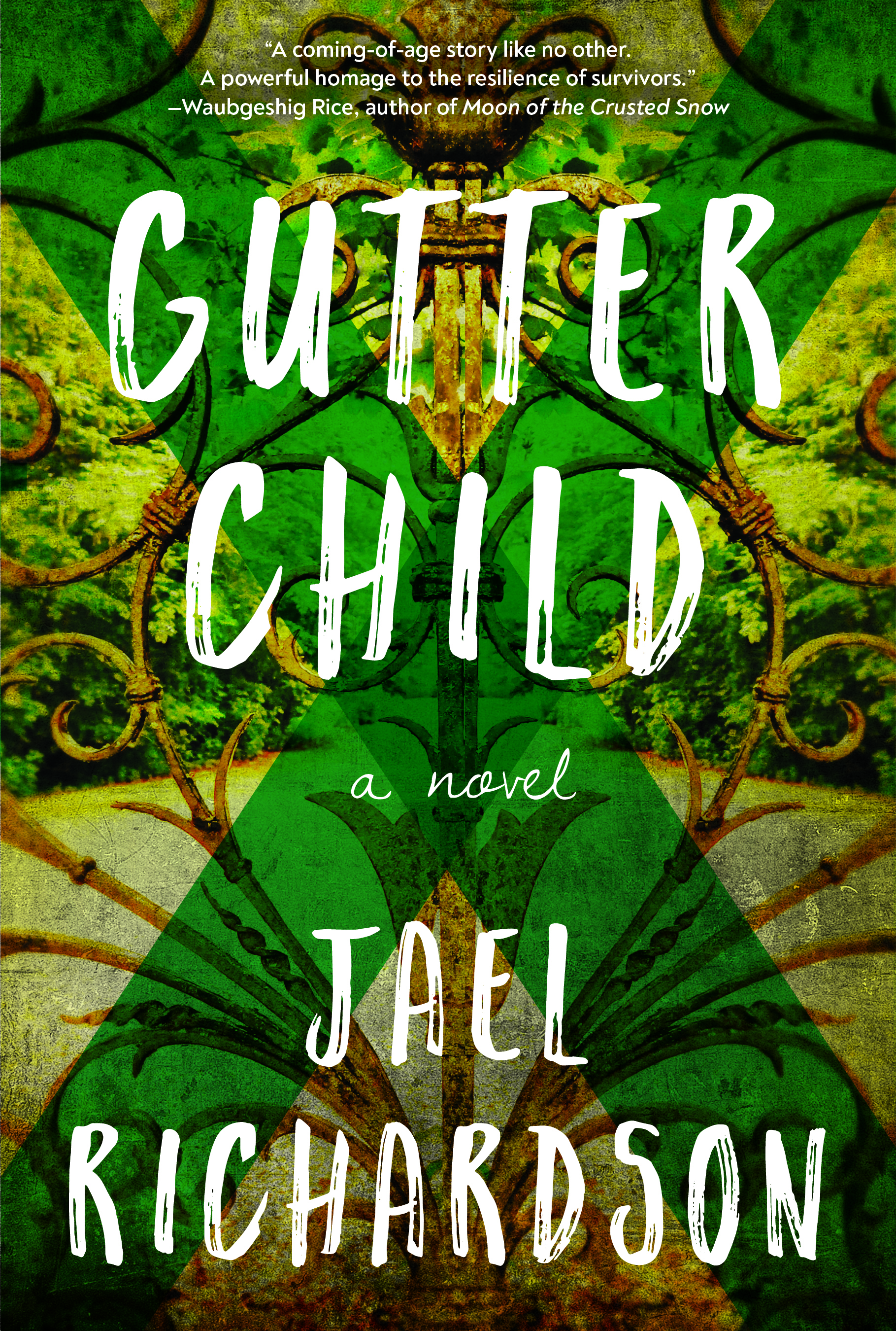 Cover of Gutter Child with a large brown x over a green forest