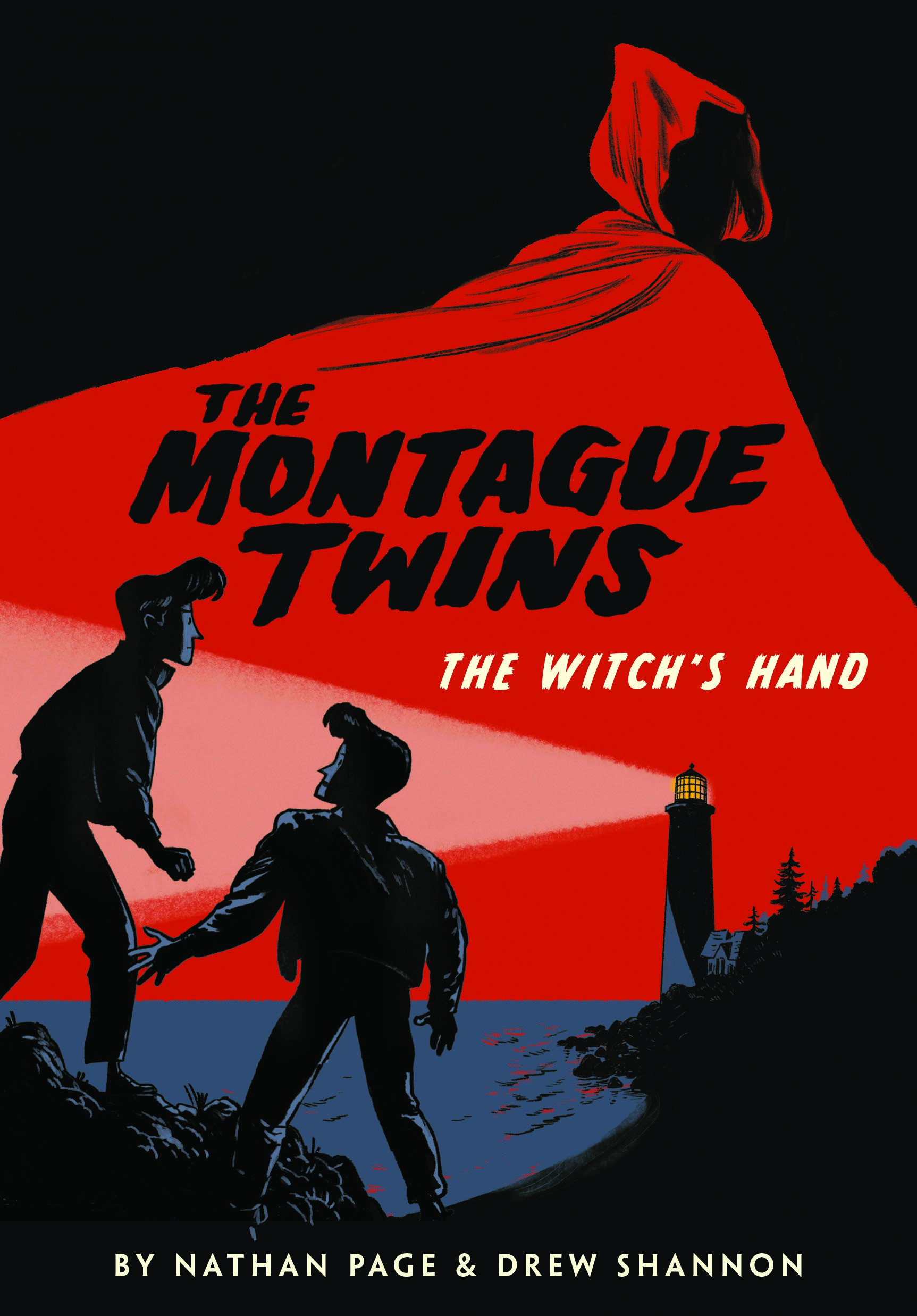 Cover of The Montague Twins with two boys in silhouette with a red background 