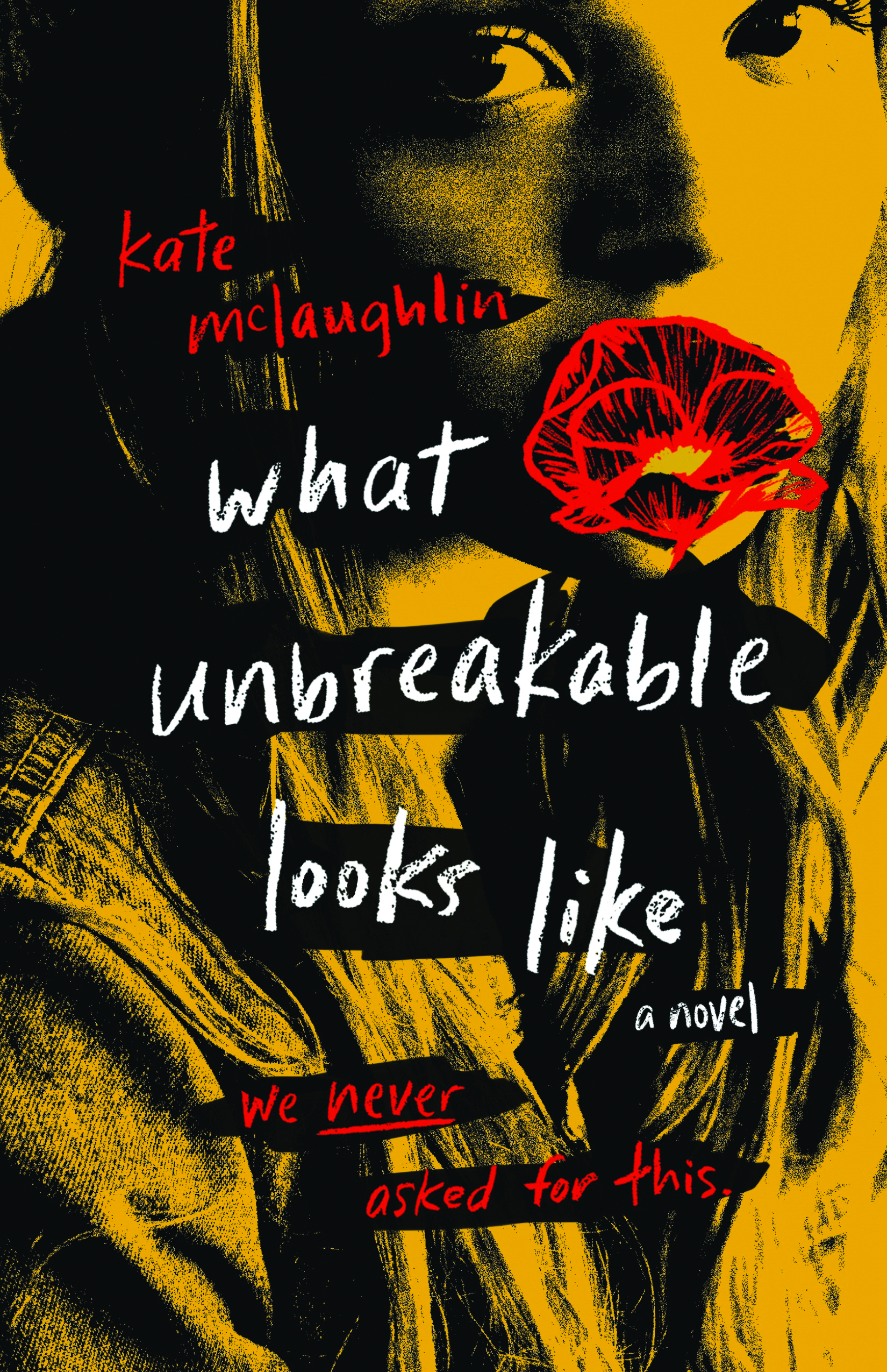 Cover for What Unbreakable Looks Like with half the face of a woman and a red flower over her mouth
