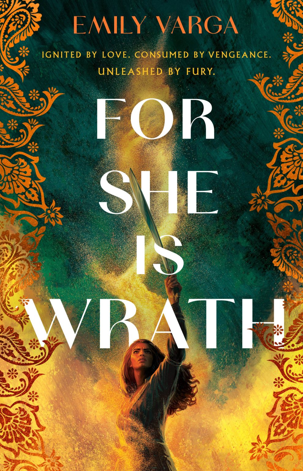 For She is Wrath A person standing with arm above their head, holding a sword