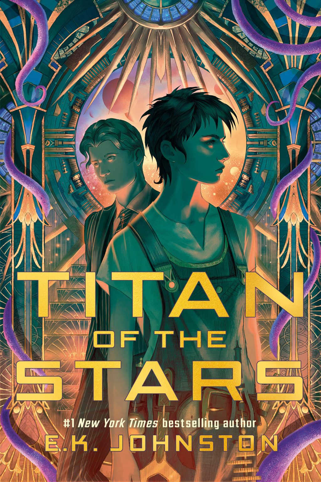 Titan of the Stars Two people surrounded by ornate columns and sun designs