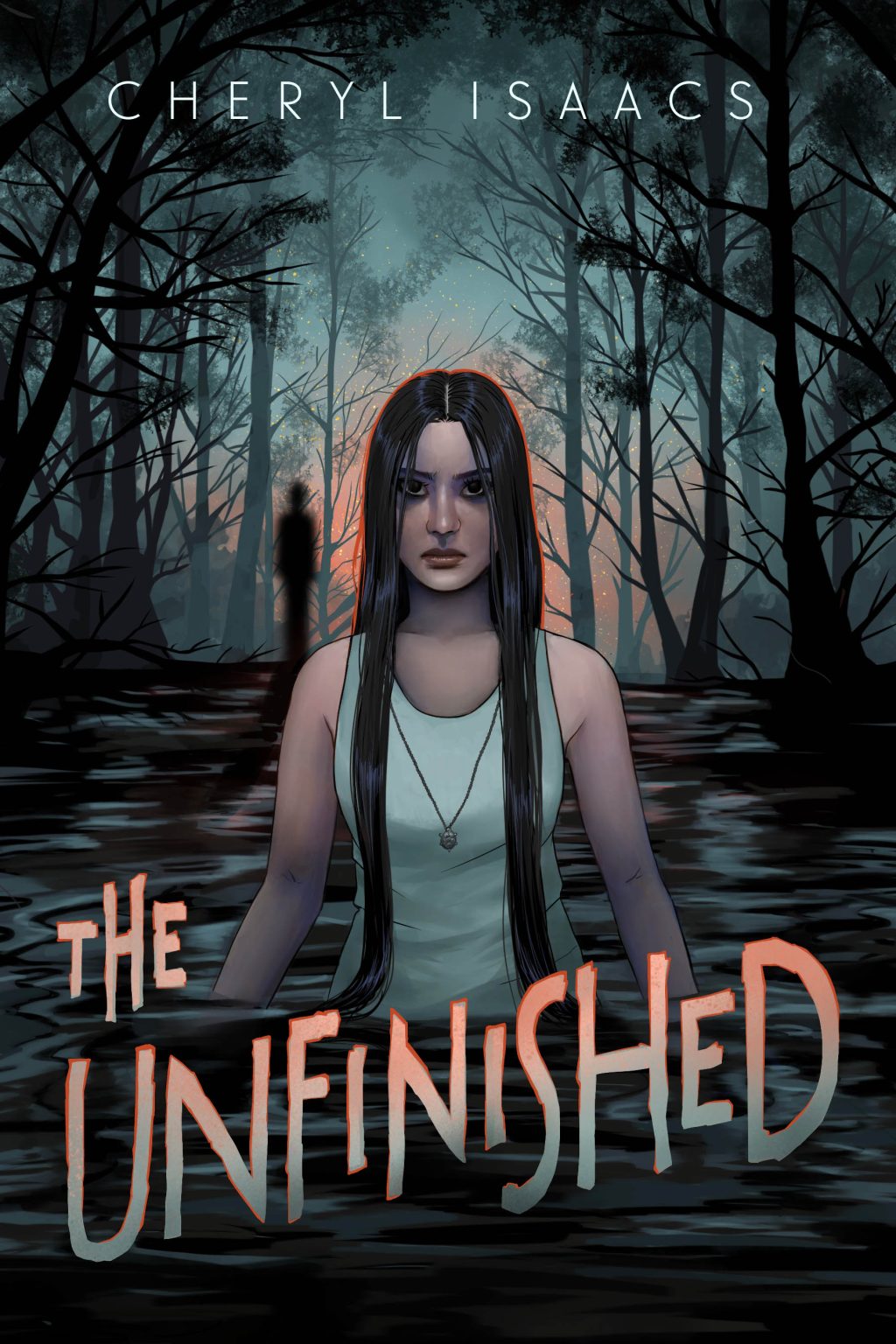 The Unfinished A person standing in a dark and creepy forest with their palms facing the front