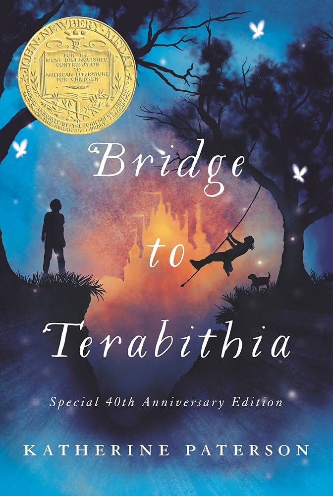 Bridge to Terabithia A blue and starry cover with a person on a rope swing near a person standing next to a riverbank