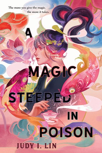 A girl surrounded by sworls of pastel colours, pink and blue with a koi fish